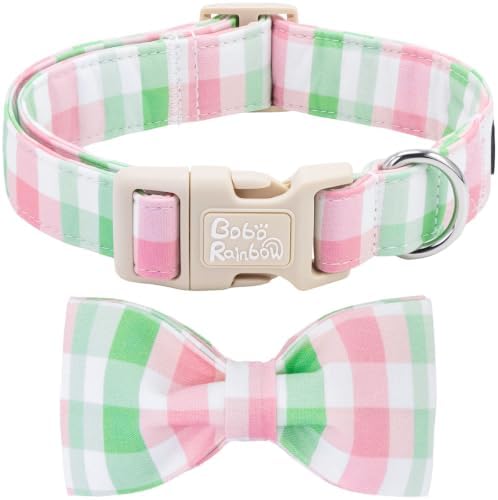 Pink Green Gingham Plaid Dog Collar with Bow for Large Dogs