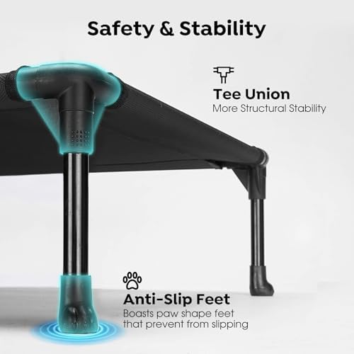 Veehoo Outdoor Elevated Dog Bed Large Sized Dogs, XXL Cooling Raised Dog Cots Beds Training Platform Off Ground Hammock with Breathable Mesh, No-Slip Feet, 59"x37.5", Black
