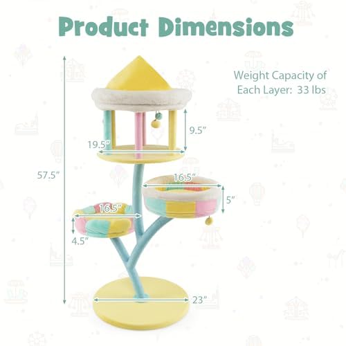 Tangkula Tall Cat Tree, 57.5 Inch Amusement Park Style Cute Cat Tower with Top Open Condo, 2 Perches, Scratching Posts & Dangling Balls, Aesthetic Cat Tree Tower for Indoor Cats Large Adult