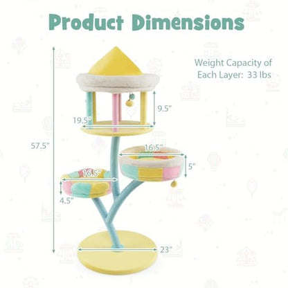 Tangkula Tall Cat Tree, 57.5 Inch Amusement Park Style Cute Cat Tower with Top Open Condo, 2 Perches, Scratching Posts & Dangling Balls, Aesthetic Cat Tree Tower for Indoor Cats Large Adult