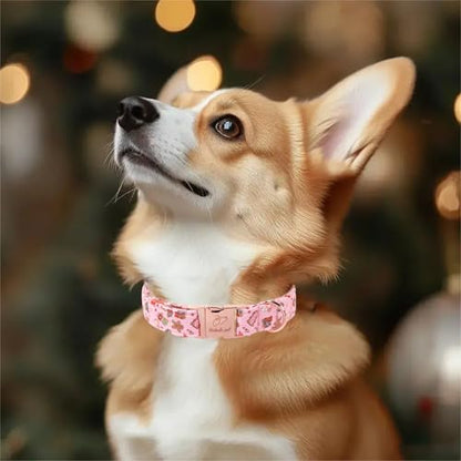 Christmas Dog Collar for Puppy Small Dogs - Cute Pink Christmas Collars for Dogs, Sweet Festive Winter Heavy-Duty Adjustable Dog Collars with Metal Buckle XS