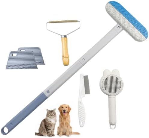 Pet Hair Remover for Furniture, 6-in-1 Dog Cat Lint Roller & Deshedding Tool Kit, Self Cleaning Slicker Brush with Comb Set, Reusable Carpet Couch Cleaner for Long Short Hair, Grooming Supplies