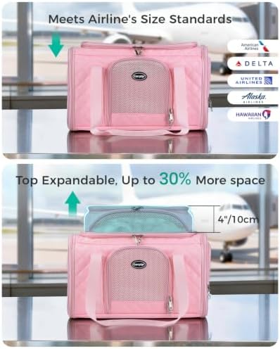 Pet Carrier Airline Approved 18x13x9.5 in, Soft-Sided Top-Expandable, Pink