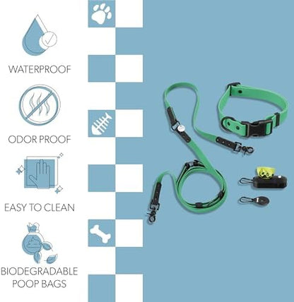 WLK1006K-5SET Luna Large 8FT Adjustable 6-in-1 Waterproof Hands-Free Leash and Collar with LED Flashlight, Bag Dispenser, and Poop Bag Holder, Julep