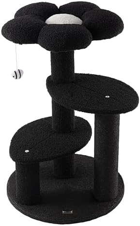 Poppy 29" 3-Tier Modern Flower Cat Tree Tower with Jute Scratching Posts, Weighted Base, Plush Platforms and Dangling Toy, Whimsical Activity Center, Grey/White CTR1007C