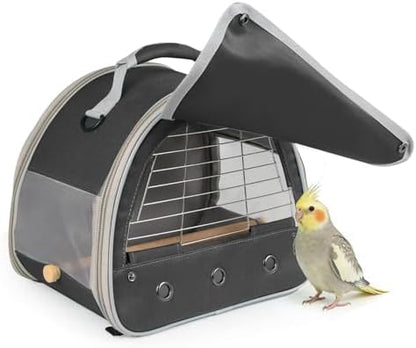 Bird Travel Carrier Cage, with Stainless Steel Metal Window and Wood Perch, Portable Bag for Cockatiel Parakeet Conure Green Cheek Budgie (Black, Steel Window)
