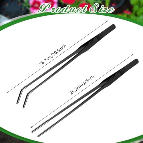 Lasnten 2 Pcs Extra Long Stainless Steel Reptile Feeding Tongs with Rubber Tip 10 Inch, 10.5 Inch Bearded Dragon Aquarium Straight and Curved Long Tweezer Terrarium Feeder Tool for Tank(Black)