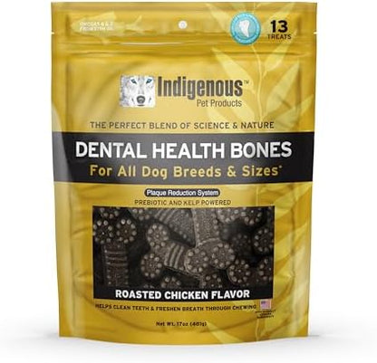 Indigenous Pet Dental Health Bones - Chicken (17 oz) | Grain-Free Dog Dental Chews with Prebiotics & Omegas | Cleans Teeth, Freshens Breath & Supports Digestion