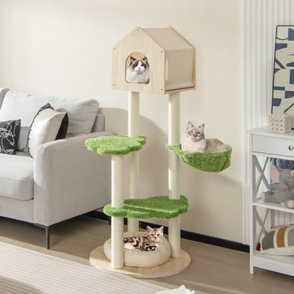 Tangkula Cat Tree Tower, Multi-Level Modern Wood Cat Tower with Sisal Scratching Posts, Jumping Platforms, Perch, Hammock, Cute Cat Condo, Tall Cat Tree for Indoor Cats Large Adult (55 Inch)