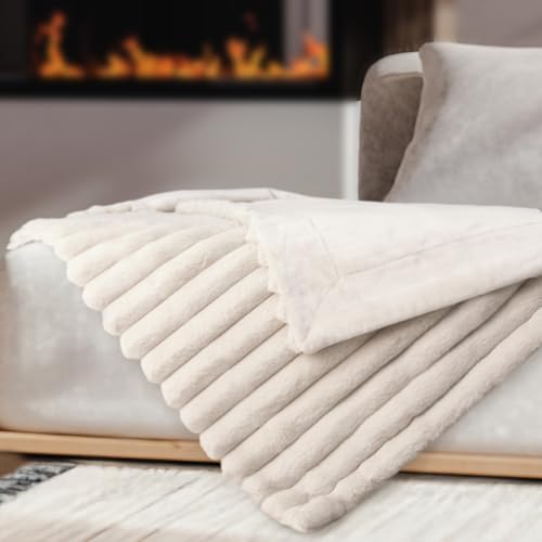 DEZ FURNISHINGS Luxury Reversible Textured Stripe Faux Fur & Velvet Throw Blanket, Throw XL (50" x 70"), Taupe