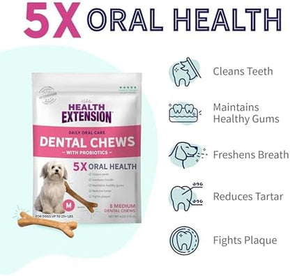 Health Extension Probiotic Dental Bones for Dogs, 8 Medium Bones, Cleans Teeth, Healthy Gums, Freshens Breath, Training or Reward, 6 oz Bag (Pack of 1)