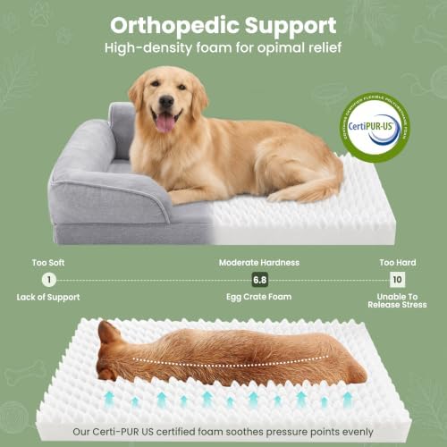 Orthopedic Dog Beds for Large Dogs, Waterproof XL Pet Couch Bed with Soft Sides, Washable Dog Sofa with Flannel Removable Cover, 42" L Supportive Egg-Crate Foam Pet Sofa, Light Grey