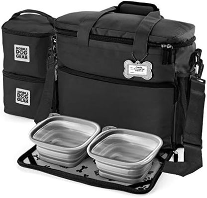 Mobile Dog Gear, Week Away Dog Travel Bag for Medium and Large Dogs, Includes Lined Food Carriers and 2 Collapsible Dog Bowl, Black