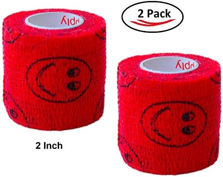 2 Pack Premium Vet Wrap - Self Adhesive Bandage Wrap & Athletic Tape- 4" x 5 Yards Elastic & Self-Sticking Cohesive Bandage for Pets, Sports, Wrists, & Ankles - Red with Smiles by Prairie Horse Supply