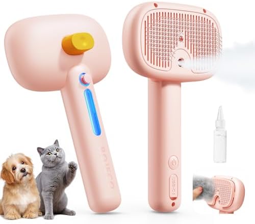 ROJECO 3-in-1 Pet Steam Brush,Spray Hair Removal Detangling Comb,Pink