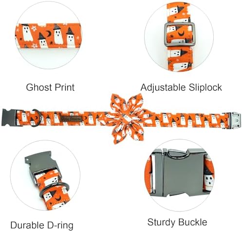Dog Collar Halloween Fall Orange Ghost Print Pet Collar Holiday Soft Dog Collars with Flower Adjustable Metal Buckle Collar for X-Large Dogs