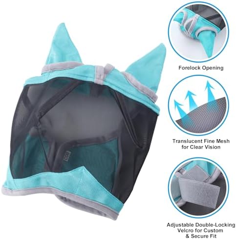 Horse Fly Mask with Ears, Breathable Fine Mesh Turquoise Cob