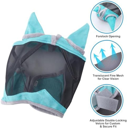 Horse Fly Mask with Ears, Breathable Fine Mesh Turquoise Cob