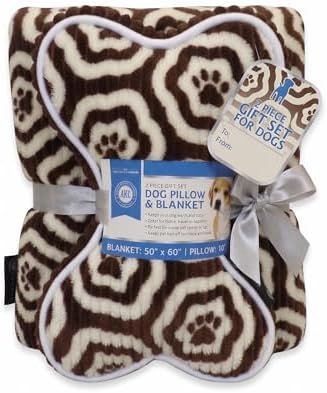 American Kennel Club 60''x50'' Pet Blanket & 10'' Pillow Set, Warm Plush Blanket for Dogs & Cats - Paw Print - Brown