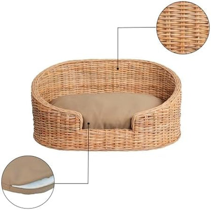 DBD1000B Curvy 28.5" x 17.25" Classic Handwoven Rattan Pet Bed with Machine-Washable Cushion, Light Brown