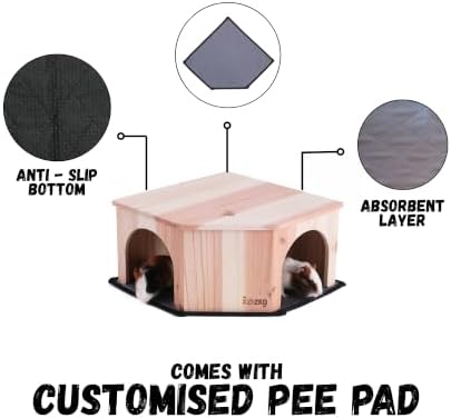 Wooden Guinea Pig Corner Hideout - Hidey for Chinchilla, Rat and Hedgehog with Pee Pad, Fully Assembled & Dual Entrances - Guinea Pig Accessories by The Kozko Hut