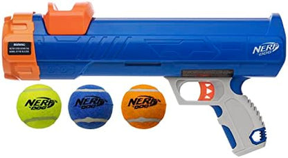 Nerf Dog Compact Tennis Ball Blaster Dog Toy, Great for Fetch, Hands-Free Reload, Launches up to 50 ft, Single Unit, Includes 3 Nerf Balls & Bag, Blue/Orange, Model: 5205