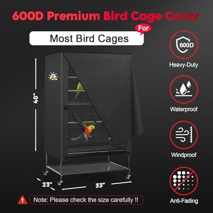 Zettum Bird Cage Cover - 600D Bird Cage Covers for Night Heavy Duty & Waterproof, Fade-Resistant Pet Bird Cage Cover Accessory for Parakeet, Parrot, Cockatiel and More Finches - 33 x 23 x 40 Inch