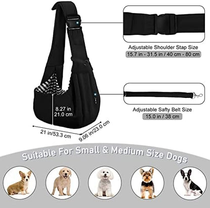 PETLOFT Reversible Dog Cat Sling Carrier, Small Dog Carrier, Adjustable Dog Sling, Hands Free Cross Body Carrier with Collar Hook for Dog/Cat/Bunny up to 11lb, Black