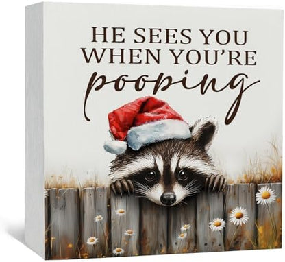 Christmas Raccoon Home Bathroom Decor Sign - Farmhouse Western Christmas Animal Bathroom Decor,Rustic Farm Animal He Sees You When You're Pooping Signs,Raccoon Gifts for Women