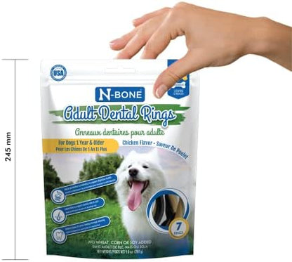 N-Bone Adult Dental Rings Chicken Flavor Dog Treats, 7 Count 9.8-oz Bag, Brown, 1 Count (Pack of 4)