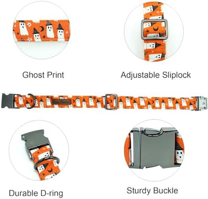 Dog Collars, Halloween Pet Collars Fall Dog Orange Ghost Print Pet Durable Metal Collar Cute Boy Girl Dog Collars Adjustable Puppy Collar for X-Small Dogs