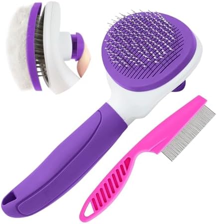 Cat Brushes for Indoor Cats, Dog Brush for Shedding with Metal Cat Comb, Self Cleaning Pet Hair Brush with Release Button for Grooming Kitten(Purple)