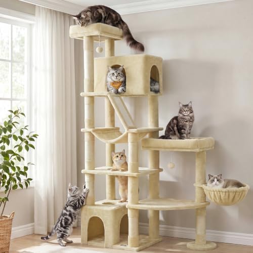 Feandrea Large Cat Tree, 74.1" Tall Sturdy Cat Tower for Indoor, Beige