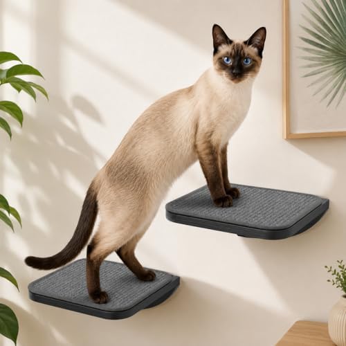 Grey Sisal-Padded Cat Wall Steps (2-Pack), Floating Wooden Cat Perch and Climbing Step Set, Wall Mounted Furniture for Jumping & Play