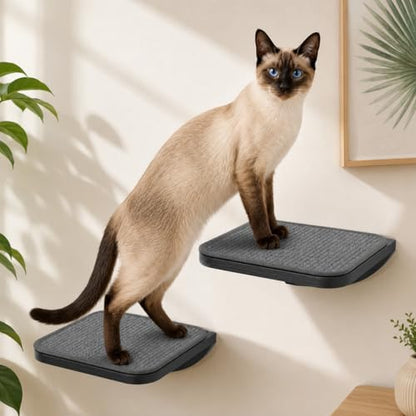 Grey Sisal-Padded Cat Wall Steps (2-Pack), Floating Wooden Cat Perch and Climbing Step Set, Wall Mounted Furniture for Jumping & Play