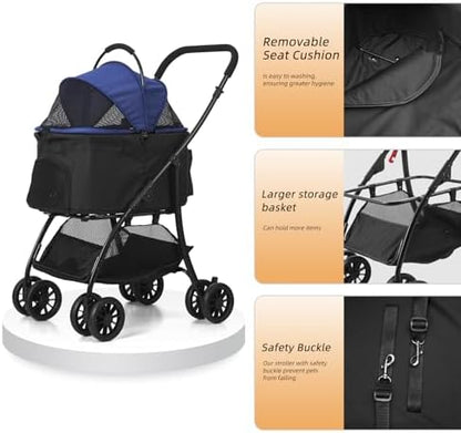 Pet Stroller Quickly Folds for Easy Storage Cat Stroller with Detachable Carrier Thickened Oxford Cloth Breathable Basket Dog Strollers for Small Dogs (Blue)