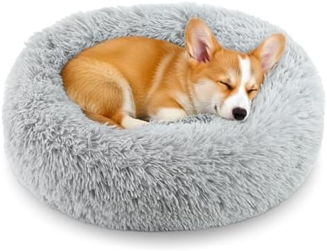 Calming Donut Dog and Cat Bed for Indoor Cats, Anti-Anxiety Round Fluffy Soft Washable Small Pet Bed for Puppy and Kitten, Warming Comfortable Luxury Anti-Slip Waterproof Mute Base 20in Gray