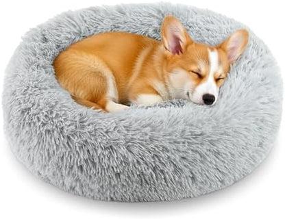 Calming Donut Dog and Cat Bed for Indoor Cats, Anti-Anxiety Round Fluffy Soft Washable Small Pet Bed for Puppy and Kitten, Warming Comfortable Luxury Anti-Slip Waterproof Mute Base 20in Gray