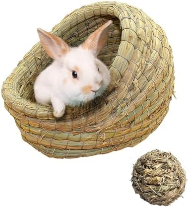kathson Rabbit Grass House Bunny Woven Hay Bed Guinea Pig Hideout Hand Woven Natural Grass House for Hamster and Small Animals with Hay Chew Balls Toys