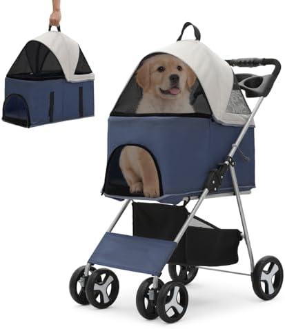Athena Collection 4-Wheel Pet Stroller for Medium Dogs & Cats - Detachable Carrier, Cup Holder, Bottom Storage - Navy Black