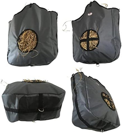 Majestic Ally Nylon Hay Feeder Tote Bag for Horse, Goat, Sheep - Double Sides Open Feed Hole with Faux Leather Ventilated Bottom- Premium Quality -Simulates Grazing - Reduces Waste (Dark Gray)