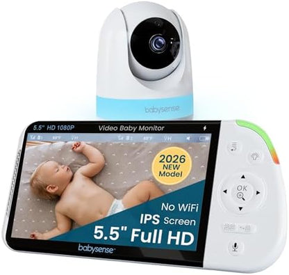 Babysense PRO Non-WiFi Full HD 5.5" Split Screen Baby Monitor with Camera and Audio, 6-Color Night Light, White Noise, Sound & Light Machine, 20-Hour Battery, Hack-Proof Secure Connection