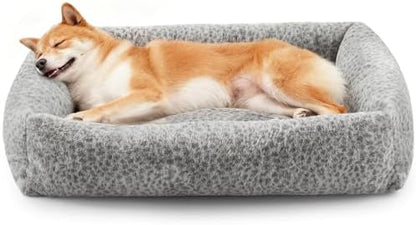 JOEJOY Large Dog Beds Large Sized Dog, Removable Washable Cover Orthopedic Soft Faux Rabbit Fur Pet Bed, Anti-Slip Fluffy Plush Faux Rabbit Fur Puppy Bed, 36"x27"x8", Leopard Print, Grey