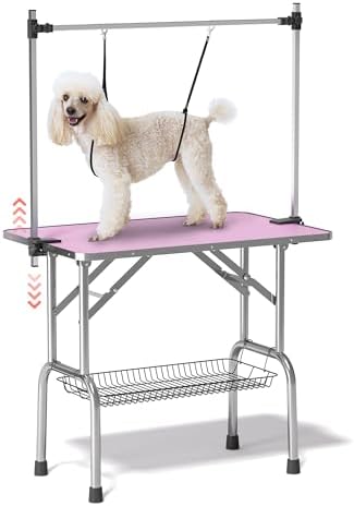 Lyromix 42'' Stainless Steel Pet Dog Grooming Table, Arm/Noose/Tray, Pink