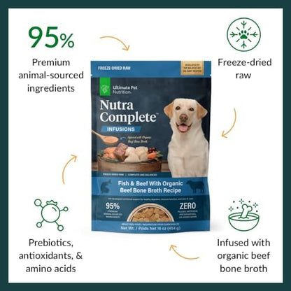 ULTIMATE PET NUTRITION Nutra Complete Bone Broth Infusions, 100% Freeze Dried Raw Veterinarian Formulated Dog Food with Antioxidants Prebiotics and Amino Acids (1 Pound, Bone Broth Fish)