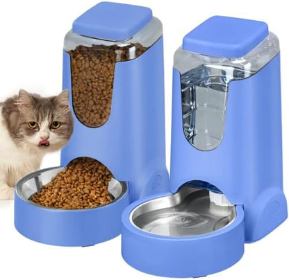 HWONMTE Portable Automatic Cat Feeder and Water Dispenser with Stainless Steel Bowl Dog Gravity Food Feeder and Waterer for Small Medium Pets Puppy Kitten 1 Gallon x 2 (Sapphire Blue)