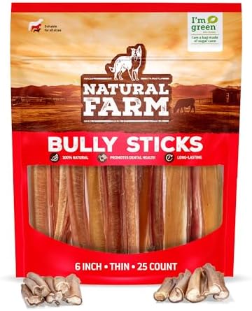 Natural Farm Odor-Free Thin Bully Sticks (6”, 25-Pack) All-Natural Long-Lasting Dog Chews, 100% Beef Pizzle, Grass-Fed, Grain-Free, Protein for Muscle Development & Energy, Perfect for Medium Chewers