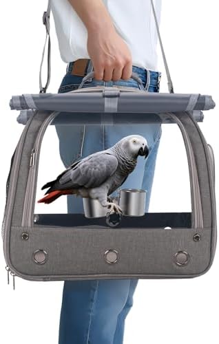 Bird Carrier Parrot Travel Cage with Perch, Food Bowl, Tray and Breathable Clear Window, Bird Travel Bag for African Gray Cockatiel Caique Conure Quaker, for Vetting Camping Hiking (Gray)