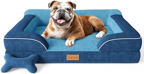 CWAWZ Dog Beds for Large Dogs, Orthopedic Dog Bed with Cooling Gel Memory Foam, Waterproof Large Pet Bed with Removable Washable Cover, 36" Pet Sofa Couch Dutch Velvet with Bone Toy, Navy Blue