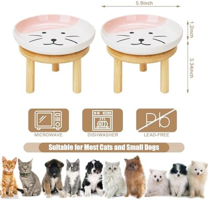 Shallow Elevated Cat Bowls with Bamboo Stand, 5.9 Inch Wide Ceramic Cat Dish Whisker Friendly, 2 Pack Pet Food and Water Plates